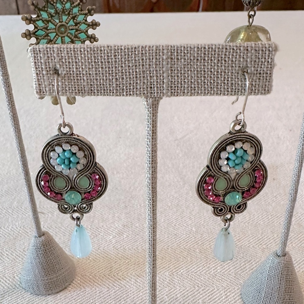 Set of 3 Earrings Green, Pink & Burnished Gold Bohemian Style Collection Bundle - Picture 12 of 12